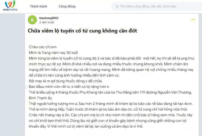 Phản hồi của bệnh nhân viêm lộ tuyến về Phụ Khang Tán trên webtretho Phản hồi của bệnh nhân viêm lộ tuyến về Phụ Khang Tán trên webtretho