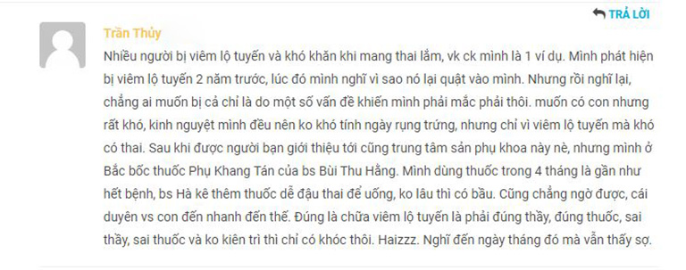 Bệnh nhân viêm lộ tuyến phản hồi sau khi điều trị bằng Phụ Khang tán do Thầy thuốc Thu Hằng kê đơn Bệnh nhân viêm lộ tuyến phản hồi sau khi điều trị bằng Phụ Khang tán do Thầy thuốc Thu Hằng kê đơn