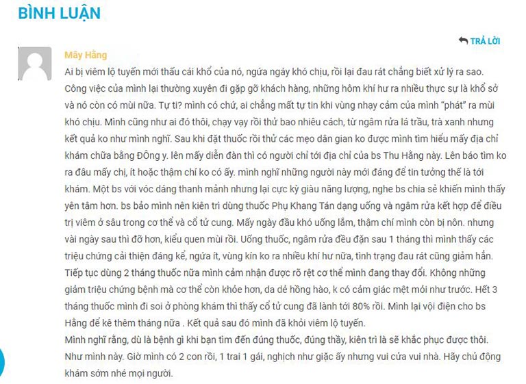 Bệnh nhân chia sẻ kết quả chữa trị thành công sau khi dùng Phụ Khang Tán Bệnh nhân chia sẻ kết quả chữa trị thành công sau khi dùng Phụ Khang Tán