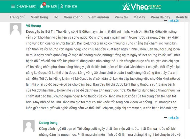 Một số phản hồi của bệnh nhân viêm âm đạo về thuốc Phụ Khang tán do Lương y Thu Hằng kê đơn