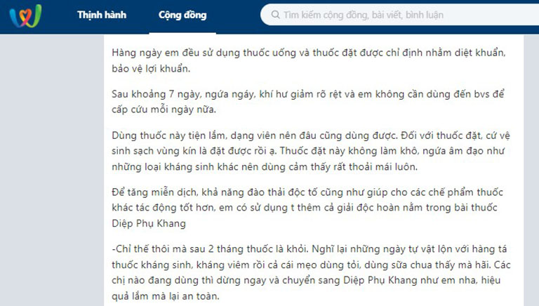 Bệnh nhân chia sẻ về hiệu quả sau khi sử dụng Diệp Phụ Khang chữa viêm Phụ khoa thay thế cho các biện pháp khác