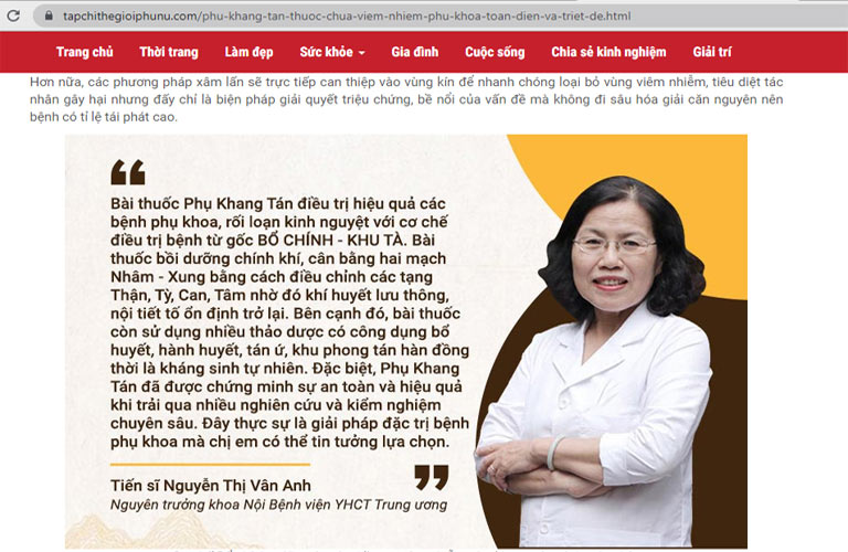 Tiến sĩ Nguyễn Thị Vân Anh nhận định về Phụ Khang Tán trên Tạp chí Thế giới Phụ nữ Tiến sĩ Nguyễn Thị Vân Anh nhận định về Phụ Khang Tán trên Tạp chí Thế giới Phụ nữ