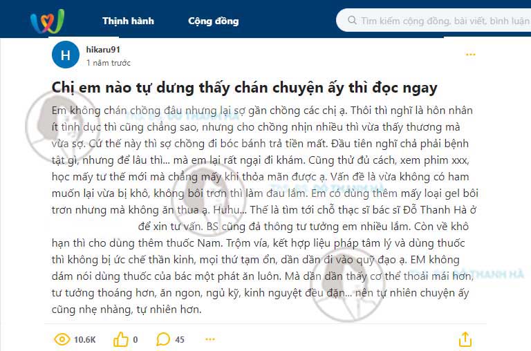 Người bệnh từng cải thiện tình trạng khô âm đạo, giảm ham muốn tại Thuốc dân tộc với Diệp Phụ Khang chia sẻ cảm nhận trên diễn đàn webtretho