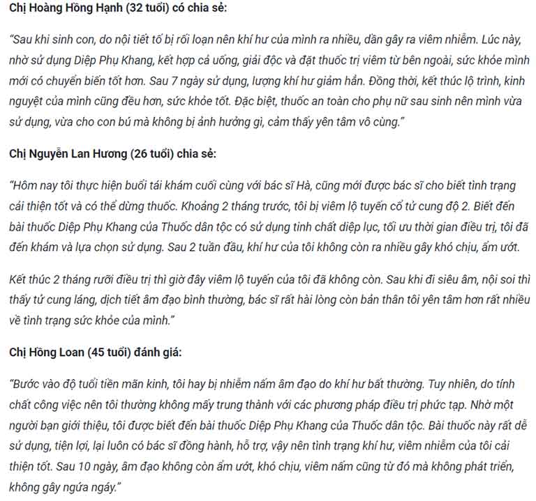 Review về hiệu quả chữa phụ khoa bằng Diệp Phụ Khang từ nhiều người bệnh Review về hiệu quả chữa phụ khoa bằng Diệp Phụ Khang từ nhiều người bệnh