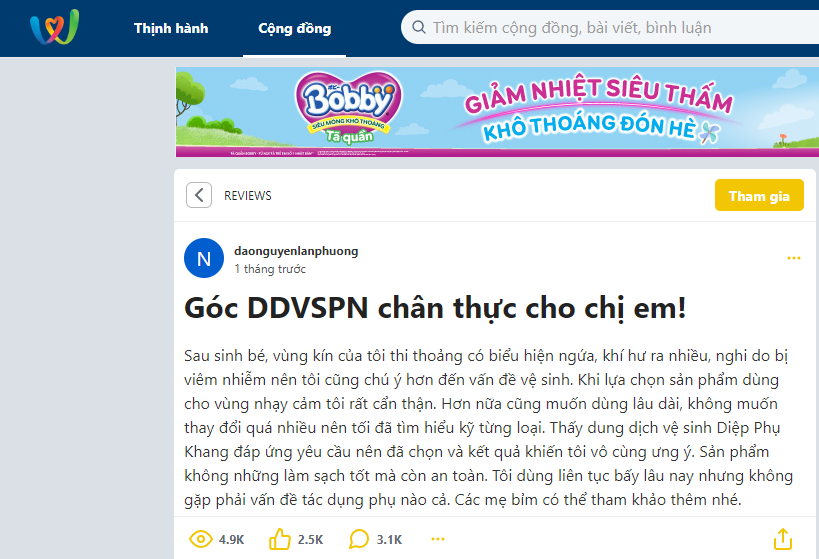 Mẹ sau sinh chia sẻ hiệu quả sử dụng Diệp Phụ Khang để vệ sinh vùng kín Mẹ sau sinh chia sẻ hiệu quả sử dụng Diệp Phụ Khang để vệ sinh vùng kín
