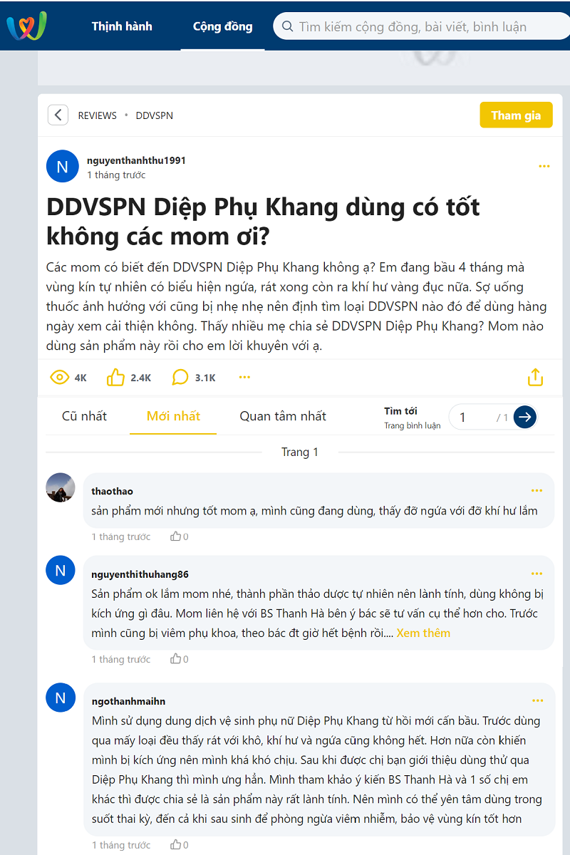 Nhiều chị em bình luận, review tích cực về sản phẩm trên diễn đàn webtretho