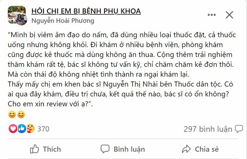 Bài viết của bạn Hoài Phương trên nhóm hỏi về bác sĩ Nguyễn Thị Nhài