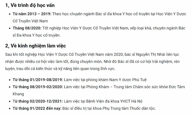 Trình độ học vấn, kinh nghiệm chuyên môn của BS Nguyễn Thị Nhài