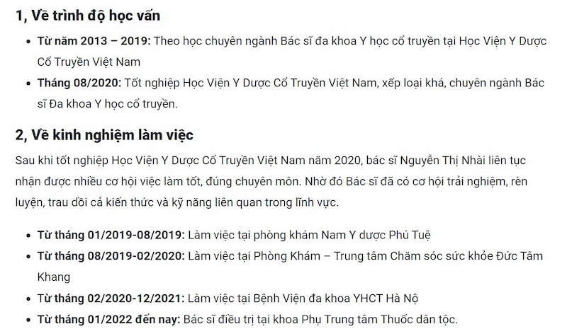 Trình độ học vấn, kinh nghiệm chuyên môn của BS Nguyễn Thị Nhài Trình độ học vấn, kinh nghiệm chuyên môn của BS Nguyễn Thị Nhài
