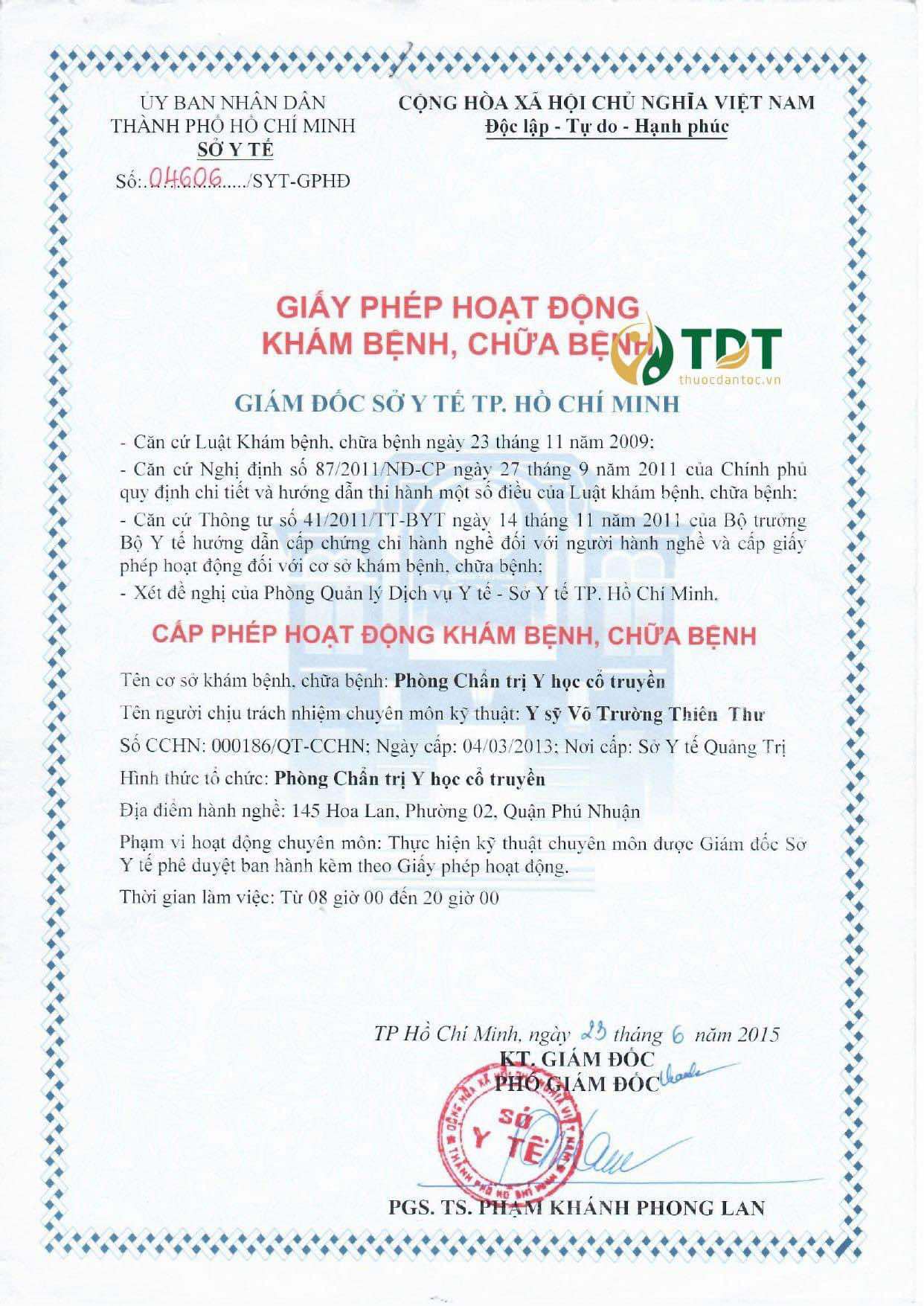 Giấy phép hoạt động của Trung tâm Thuốc dân tộc